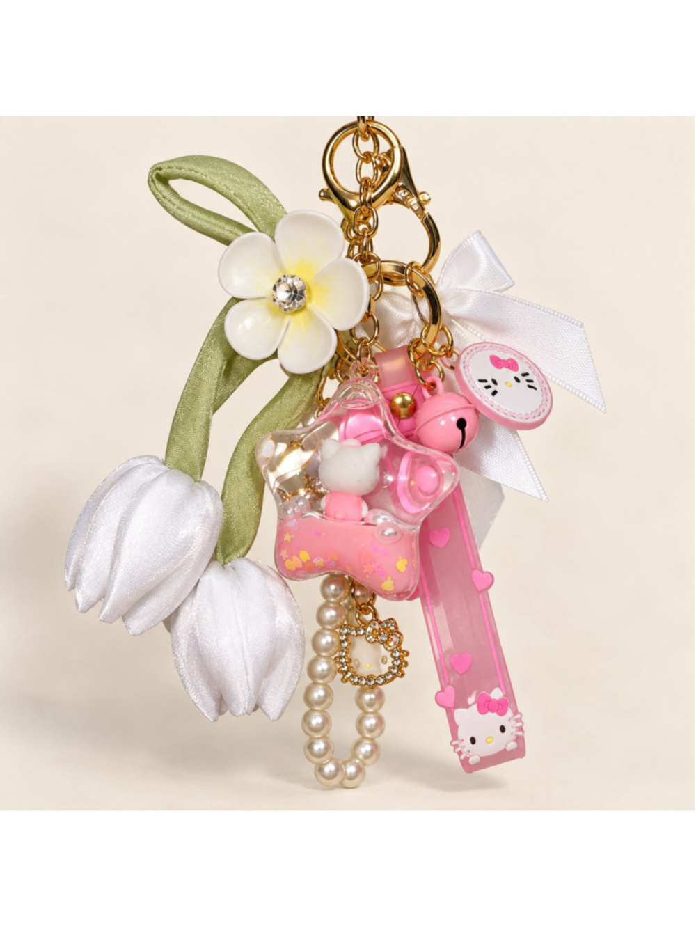 Hello Kitty Pink Bag Charm Keychain Pearl Bow Floral Kawaii Cluster